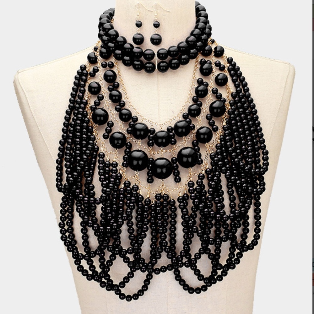 🎉Free Earrings 🎊 Luxe Long Black Pearl Statement Necklace